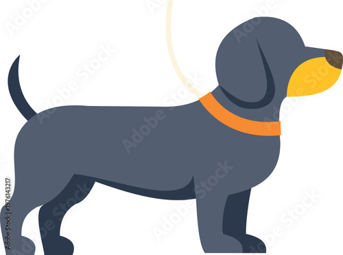 Adorable cartoon dachshund dog standing on white background wearing an orange collar