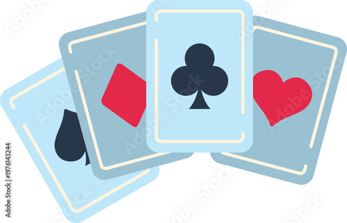 Illustrated playing cards showing four suits symbolizing luck, gaming, and strategy