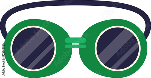 Modern green swimming goggles with dark lenses and black strap isolated on white background