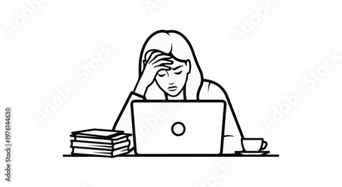 Overwhelmed person with hand on forehead, laptop, books, and coffee