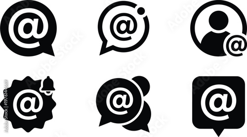 A set of icons showing the at symbol within various message and user interfaces