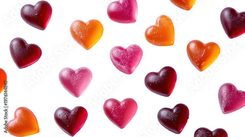 A colorful arrangement of heart-shaped candies on transparent background
