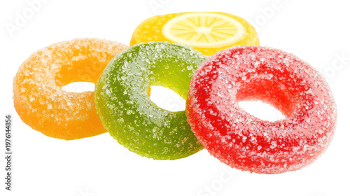 A colorful arrangement of sugary donuts on transparent background