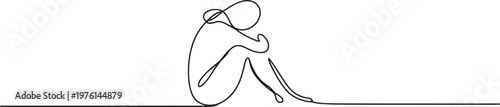 A single continuous line drawing depicts a person sitting in quiet despair.