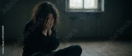 Distressed young woman sitting on the floor in a dark room with her head buried in her hands showing emotional pain