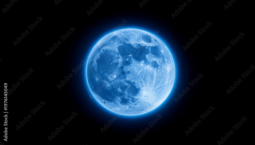 Fototapeta premium Blue Super Moon Glowing With Blue Halo Isolated On Black Background