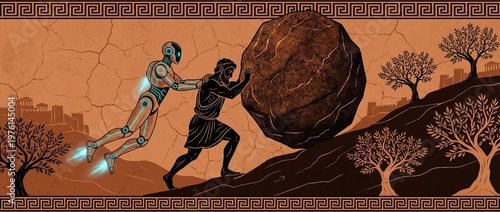 Greek style pottery art with a flying robot helping Sisyphos rolling the big boulder uphill, symbolizing the way AI helps people at work