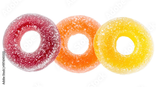 Three colorful sugary donuts on transparent background