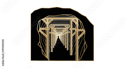 Mine Shaft Interior with Wooden Support Beams, Dark Tunnel Perspective