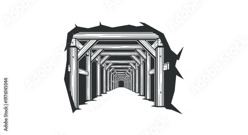 Mine Shaft Interior with Wooden Supports Leading into Darkness