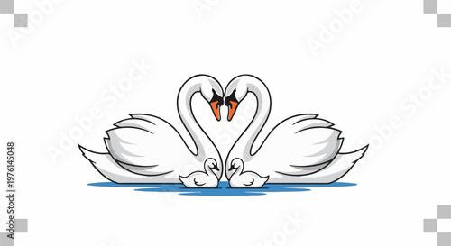 Pair of swans and two cygnets forming heart shape in water