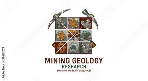 Mining and Geological Research Illustration with Tools and Minerals