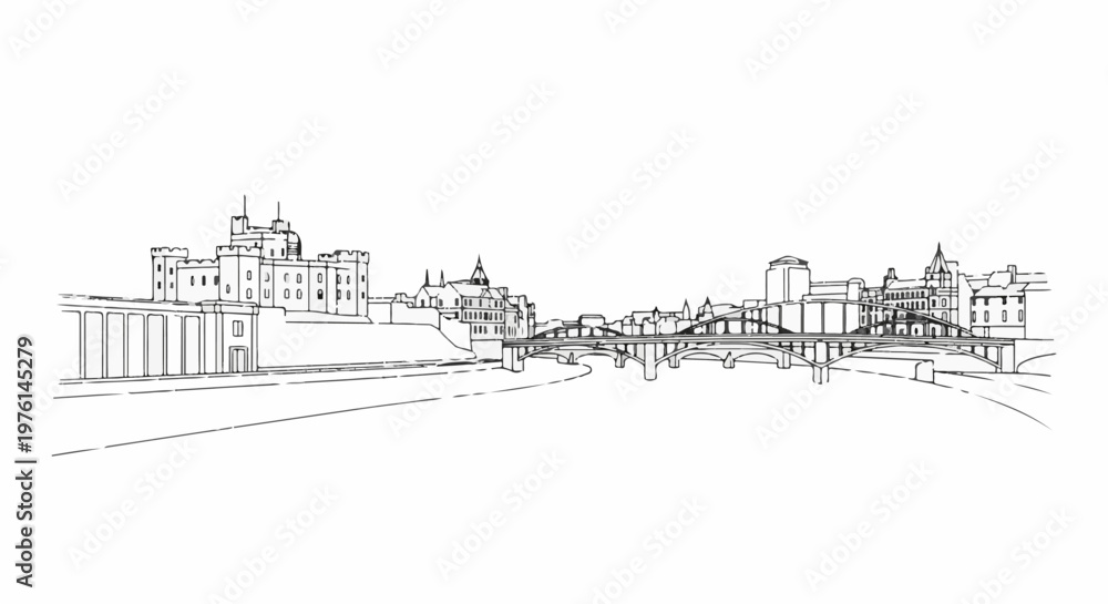 Fototapeta premium Panoramic line drawing of a historic city skyline with a castle and river
