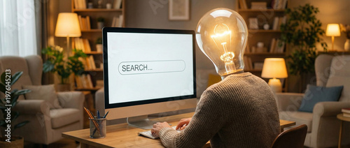 A enlightened person with a giant light bulb head typing something into a searching bar on a computer in home office