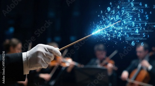 A conductor standing before an orchestra, with digital sparks flying from his baton