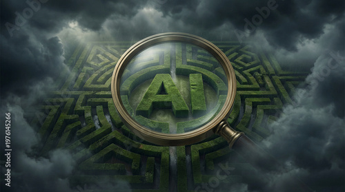 giant magnifying glass hovering above a mystic and dark hedge maze with hedges shaped like the letters AI in the middle