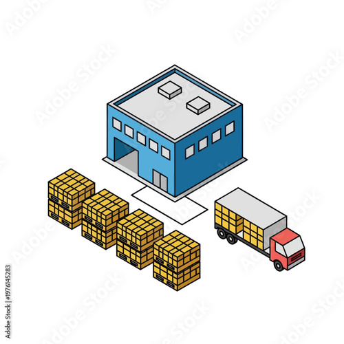 Isometric Warehouse with Boxes and Truck Illustration.