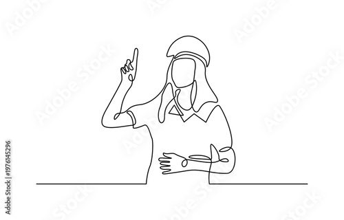 Continuous line drawing of a woman in hijab presenting or explaining
