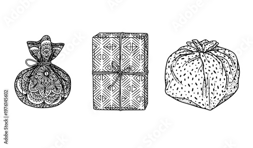 Wrapped object illustrations – black and white line art with patterned coverings