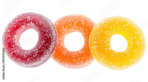 Three colorful sugary donuts on a transparent background