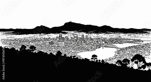 Panoramic black and white sketch of a sprawling city with a mountain backdrop