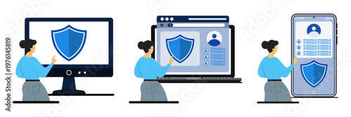Set collection of Cyber security concept showing data protection across computer, laptop, and smartphone with woman choosing shield icons.