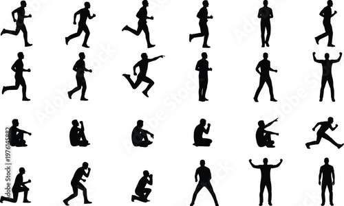 Collection of human silhouette poses showing running, walking, jumping and sitting actions, dynamic motion set for fitness, activity and lifestyle illustration