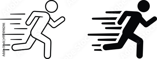 Running person icon set with speed motion lines, fast movement symbol, sprint activity illustration isolated on white background