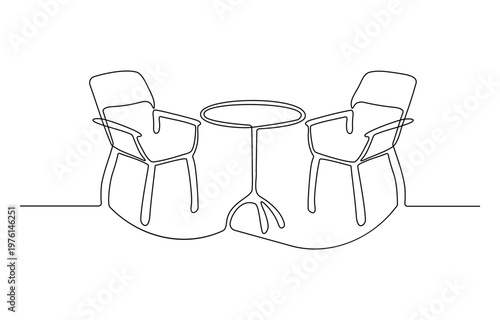Continuous line drawing of two chairs and a table