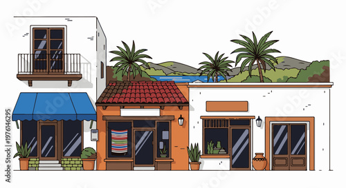 Quaint storefronts with tropical backdrop of water and hills