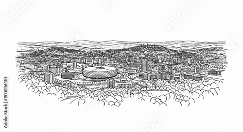 Panoramic sketch of a sprawling cityscape with a distinctive stadium and rolling hills