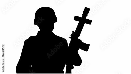 Soldier in silhouette holding rifle with scope and butt standing alert with military gear on white background