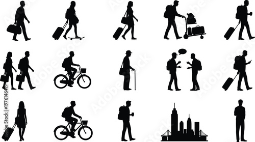 Travel people silhouette collection with tourists walking, luggage, backpack, city lifestyle and transportation activities isolated on white background