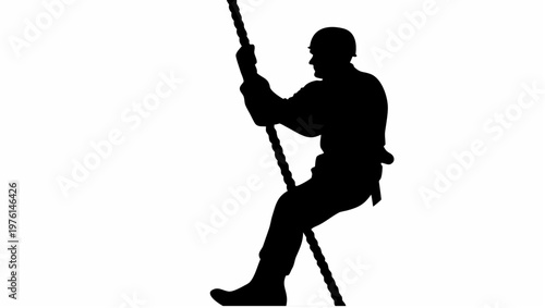 Silhouette of a soldier climbing a rope that turns into barbed wire symbolizing struggle and danger