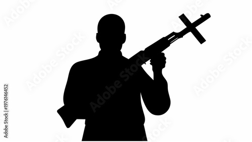 A soldier in silhouette holding a rifle with a cross shaped stock against a plain white background conveying a sense of military readiness and solemnity