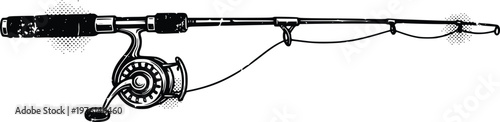 Vintage Fishing Rod with Spinning Reel Hand Drawn Engraving Vector Illustration