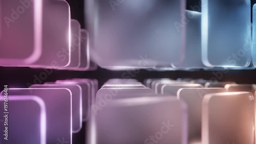 Abstract digital technology background featuring glowing frosted glass squares representing data blocks and network connectivity.