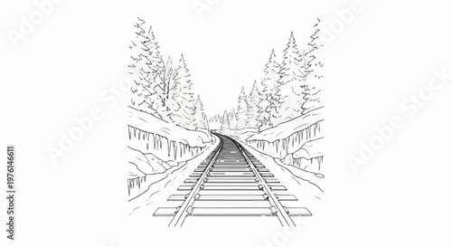 Railroad tracks curve through a snow-covered forest with icicles