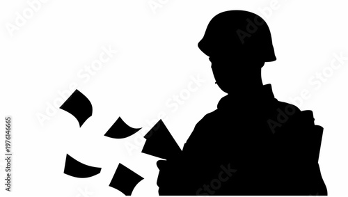 Soldier silhouette dissolving into fragments on white background symbolizing loss or disintegration