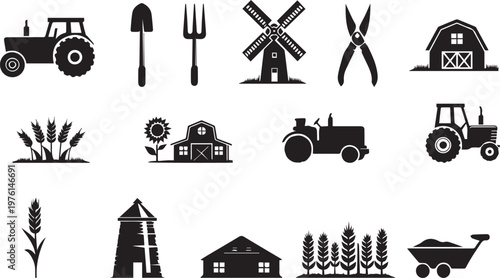 black silhouettes of farm objects and tools vector