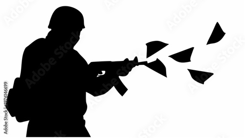 Soldier silhouette dissolving into fragments while firing a gun symbolizing disintegration and chaos in a bold black graphic