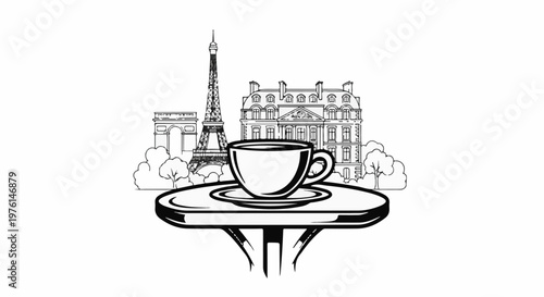 Parisian cafe scene with Eiffel Tower, Arc de Triomphe, and elegant building