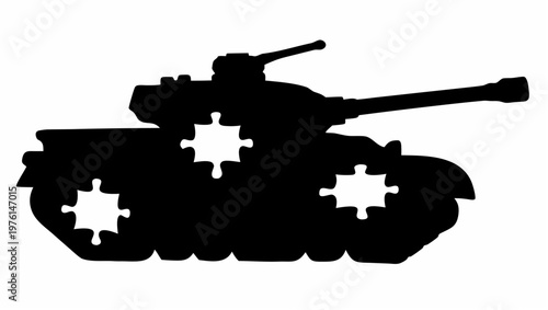 Black silhouette of a tank made from puzzle pieces on white background symbolizing conflict and problem solving