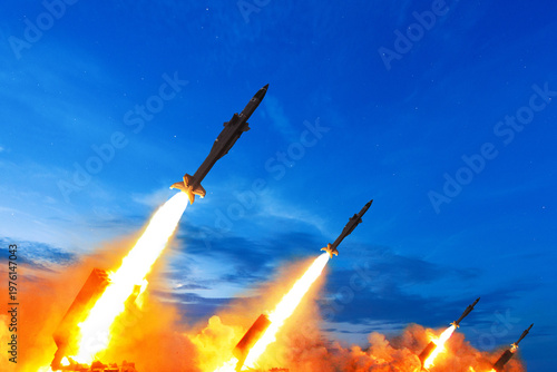 launch of multiple tactical ballistic missiles from mobile platforms. Bright fire trails illuminate the dusk sky as the rockets ascend into the starry atmosphere. High-action military scene