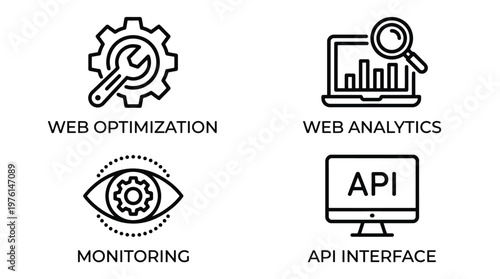 Web Optimization, Analytics and API Icons Set, Vector SEO and Monitoring Symbols