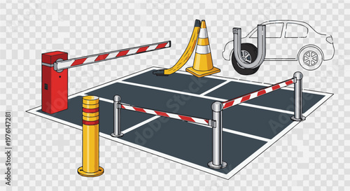 Parking lot with barrier, bollard, cones, and car outline