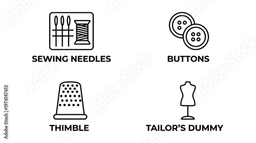 Sewing Notions Icons Set, Vector Sewing Needles, Buttons, Thimble, Tailor's Dummy, Line Style Illustration for Fashion and Craft