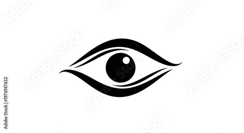 A minimalist and elegant black silhouette of a human eye with a prominent pupil and gracefully curved eyelids, presented as a clean graphic icon.
