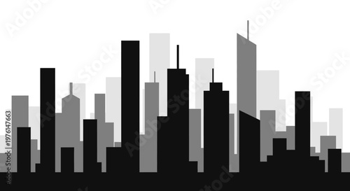 The New York City skyline is a modern black silhouette vector illustration featuring famous skyscrapers and urban buildings that define the downtown architecture of the USA