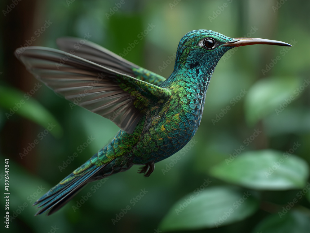 Fototapeta premium Hummingbird flying through green tropical forest